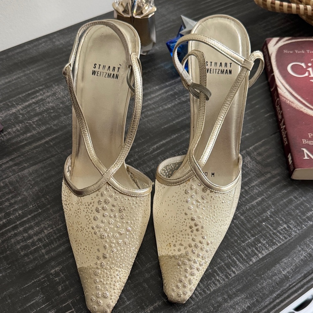 Stuart Weitzman “Wishes” Gold and Cream Heels